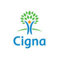 Cigna logo: blue stylized tree/figure above a green hill, with 'Cigna' in blue text.