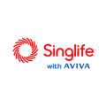 Singlife with Aviva logo: red circular emblem and red 'Singlife' text with blue 'with Aviva' on a black background